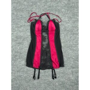 Ann Summers Black Pink Satin Mesh Lace Babydoll‎ Chemise Garters UK 10 EU 36